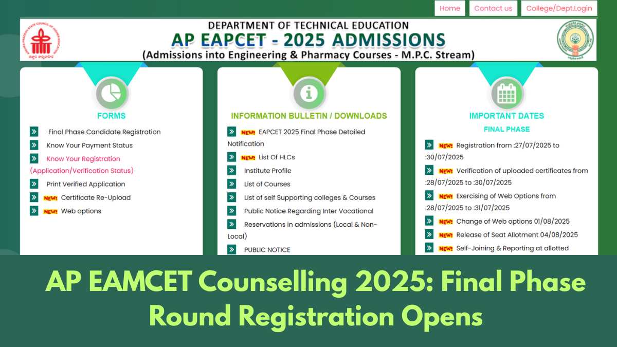 AP EAMCET Counselling 2025: Final Phase Round Registration Open Today at eapcet-sche.aptonline.in/EAPCET/; Details Here